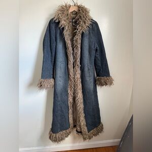 Vintage Y2K Giacca Denim Long Penny Lane Fur Trim Coat L